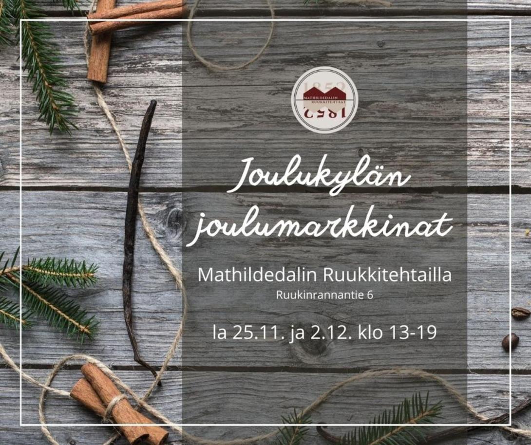 Visit Mathildedalin joulumarkkinat 2023 -mainosbanneri, jossa on tapahtumakuvausta harmaalla taustalla.