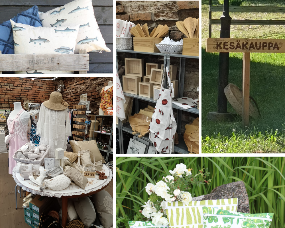 Erilaisia käsityötuotteita, mekkoja, tyynyjä ja harjoja